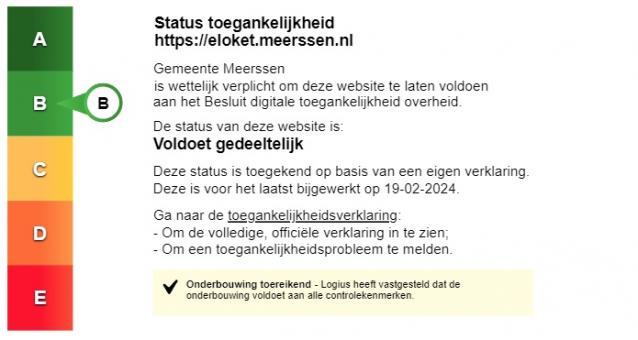 Status toegankelijkheidslabel van Eloket Meerssen (digitale formulieren). Volg de link voor de volledige toegankelijkheidsverklaring.