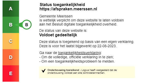 Status toegankelijkheidslabel van Afsprakensysteem website Gemeente Meerssen. Volg de link voor de volledige toegankelijkheidsverklaring.