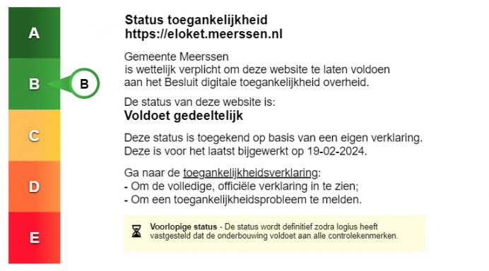 Status toegankelijkheidslabel van Eloket Meerssen (digitale formulieren). Volg de link voor de volledige toegankelijkheidsverklaring.