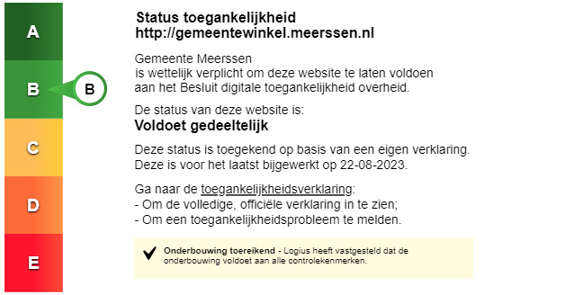 Status toegankelijkheidslabel van Gemeentewinkel Gemeente Meerssen. Volg de link voor de volledige toegankelijkheidsverklaring.