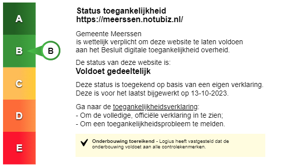 Status toegankelijkheidslabel van Raadsinformatiesysteem Notubiz. Volg de link voor de volledige toegankelijkheidsverklaring.