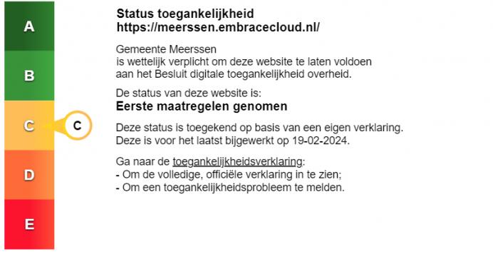 Status toegankelijkheidslabel van Sociaal Intranet Gemeente Meerssen. Volg de link voor de volledige toegankelijkheidsverklaring.