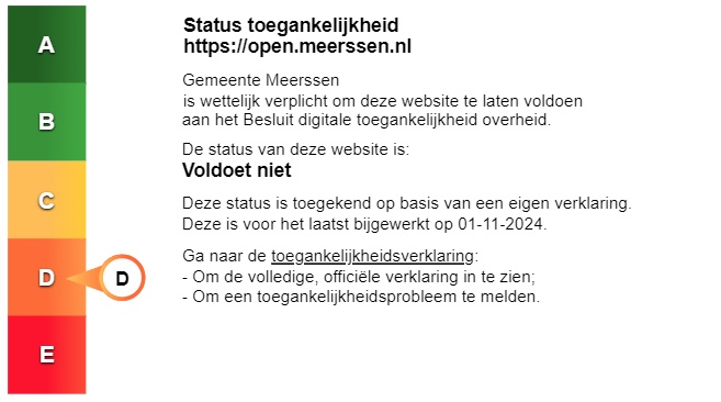 Status toegankelijkheidslabel van Woo website gemeente Meerssen. Volg de link voor de volledige toegankelijkheidsverklaring