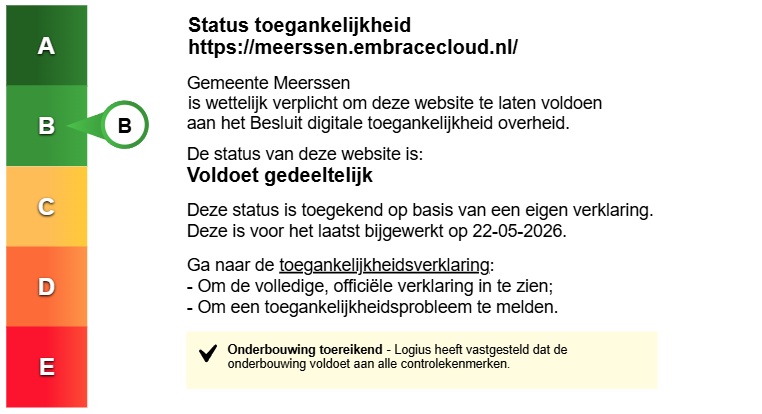 Status toegankelijkheidslabel van Sociaal Intranet Gemeente Meerssen. Volg de link voor de volledige toegankelijkheidsverklaring. Status toegankelijkheidslabel van Sociaal Intranet Gemeente Meerssen. Volg de link voor de volledige toegankelijkheidsverklaring.