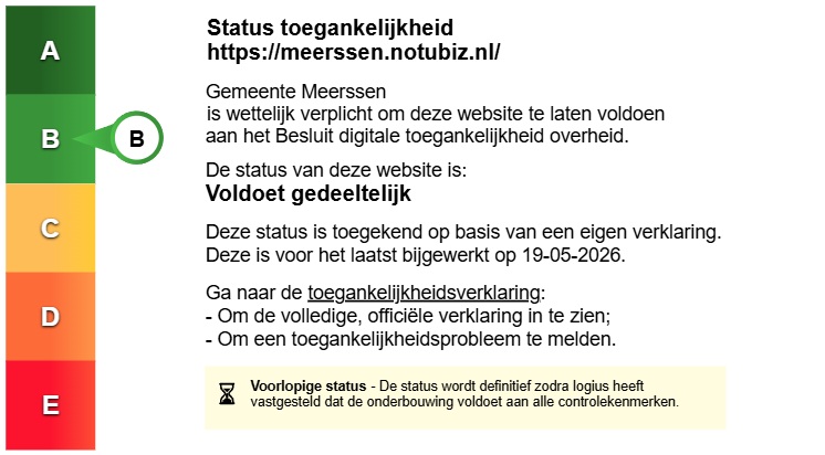 Status toegankelijkheidslabel van Raadsinformatiesysteem Notubiz. Volg de link voor de volledige toegankelijkheidsverklaring. Status toegankelijkheidslabel van Raadsinformatiesysteem Notubiz. Volg de link voor de volledige toegankelijkheidsverklaring.