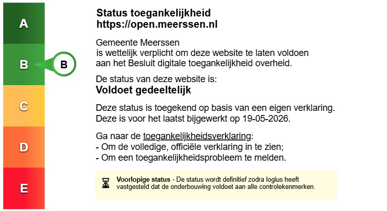 Status toegankelijkheidslabel van Woo website gemeente Meerssen. Volg de link voor de volledige toegankelijkheidsverklaring. Status toegankelijkheidslabel van Woo website gemeente Meerssen. Volg de link voor de volledige toegankelijkheidsverklaring.