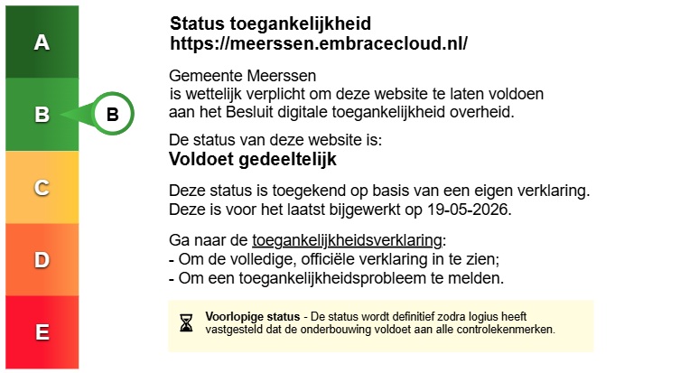 Status toegankelijkheidslabel van Sociaal Intranet Gemeente Meerssen. Volg de link voor de volledige toegankelijkheidsverklaring. Status toegankelijkheidslabel van Sociaal Intranet Gemeente Meerssen. Volg de link voor de volledige toegankelijkheidsverklaring.