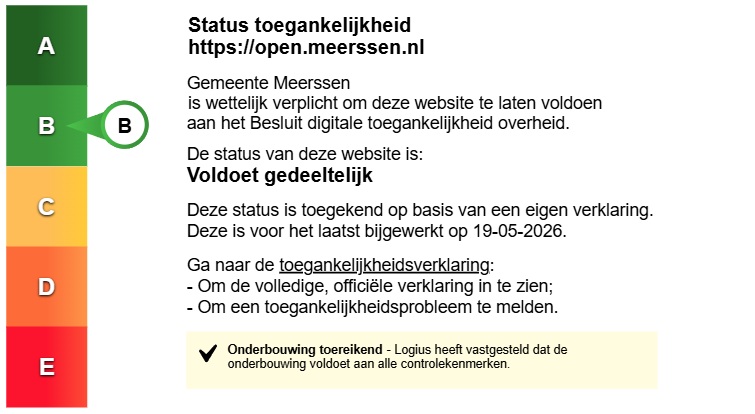 Status toegankelijkheidslabel van Woo website gemeente Meerssen. Volg de link voor de volledige toegankelijkheidsverklaring. Status toegankelijkheidslabel van Woo website gemeente Meerssen. Volg de link voor de volledige toegankelijkheidsverklaring.