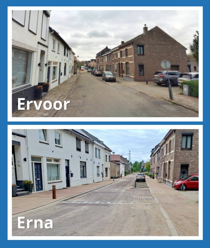 Afbeelding met twee foto's Gansbaan-Hoekweg voor en na de werkzaamheden